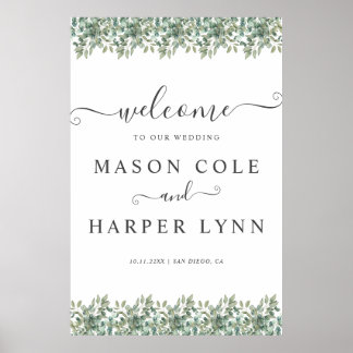 Póster Elegant Eucalyptus Greenery Wedding Welcome sign