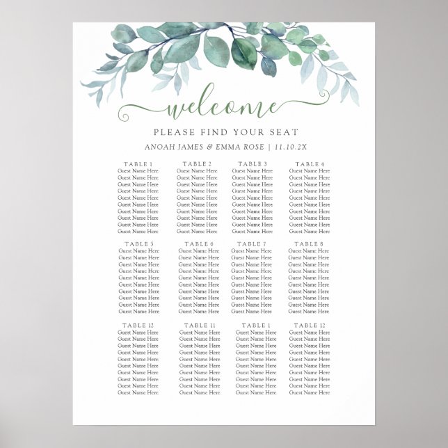 Póster Elegant Eucalyptus Wedding Seating Chart (Frente)
