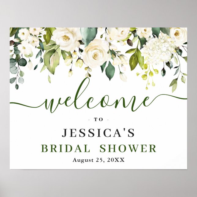 Póster Elegant Eucalyptus White Roses BRIDAL SHOWER (Frente)