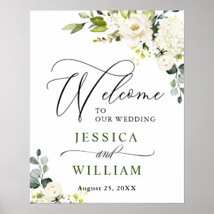 Póster Elegant Eucalyptus White Roses Wedding Welcome
