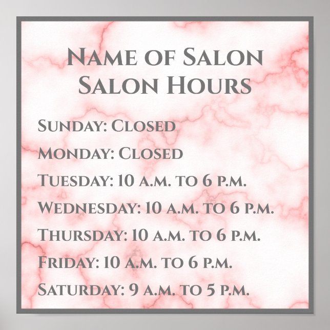 Póster Elegant Faux Pink Marble Salon Hours (Frente)
