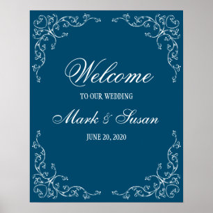 Póster Elegant Flourish Ocean Blue Wedding Welcome Poster