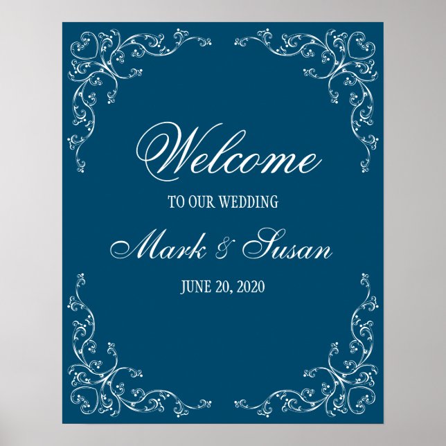 Póster Elegant Flourish Ocean Blue Wedding Welcome Poster (Frente)