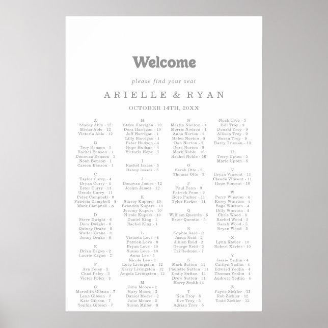 Póster Elegant Formal Minimal Alphabetical Seating Chart (Frente)