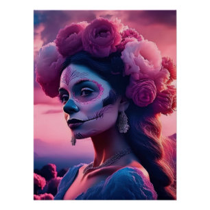 Póster Elegant Fuchsia Roses Day of the Dead Catrina