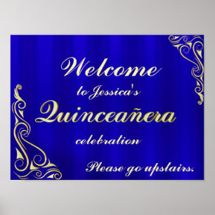 Póster Elegant Gold and Blue Quinceanera Welcome Sign