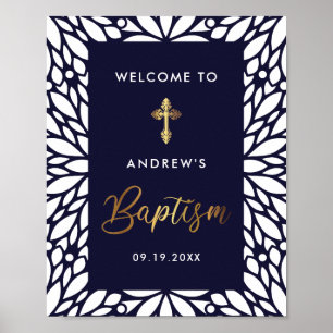 Póster Elegant Gold And Navy Blue Boy Baptism Welcome