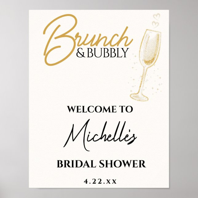 Póster Elegant Gold Brunch & Bubbly Bridal Shower Sign (Frente)