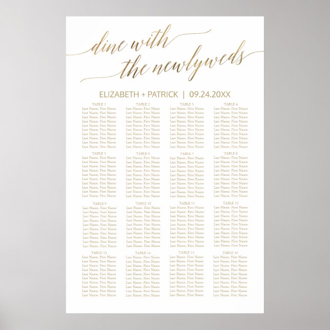 Póster Elegant Gold Calligraphy Seating Chart (Frente)