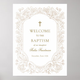 Póster Elegant Gold Floral Baptism Welcome