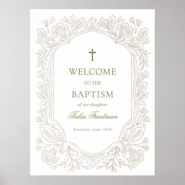Póster Elegant Gold Floral Baptism Welcome (Frente)