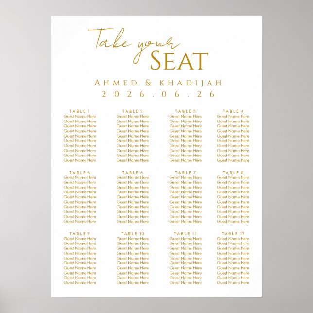 Póster Elegant Gold Islamic Wedding Seating Chart Poster (Frente)