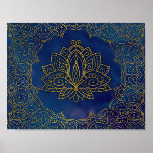 Póster Elegant Gold Lotus flower on blue