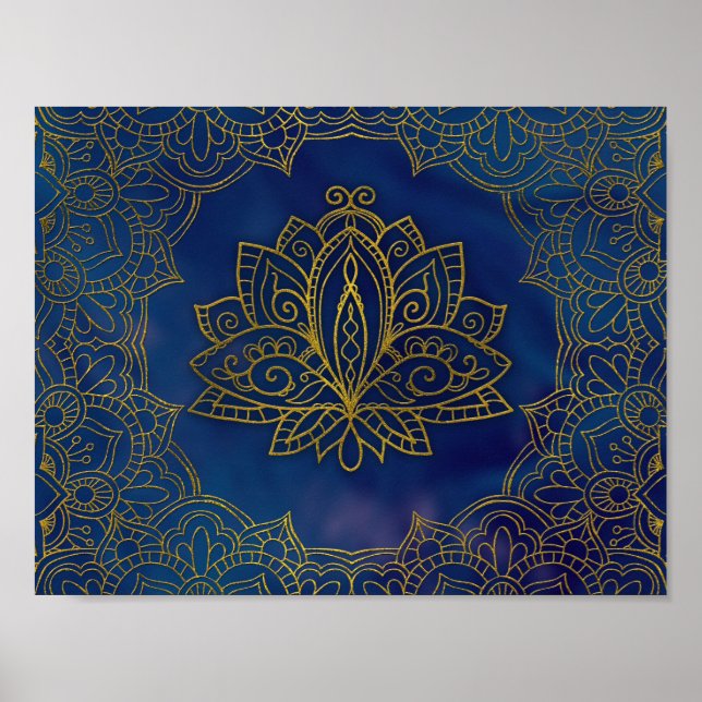 Póster Elegant  Gold Lotus flower on blue (Frente)