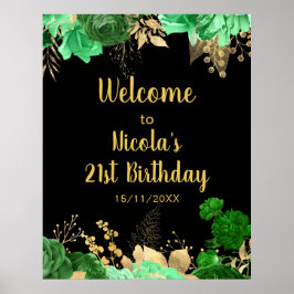 Póster Elegant Green and Gold Flowers Birthday Party