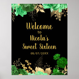 Póster Elegant Green and Gold Flowers Sweet Sixteen