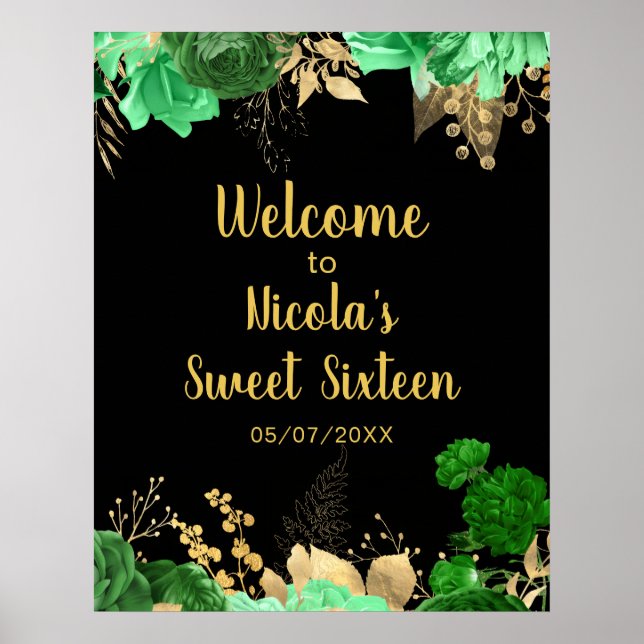 Póster Elegant Green and Gold Flowers Sweet Sixteen (Frente)