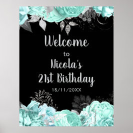 Póster Elegant Green and Silver Flowers Birthday Party
