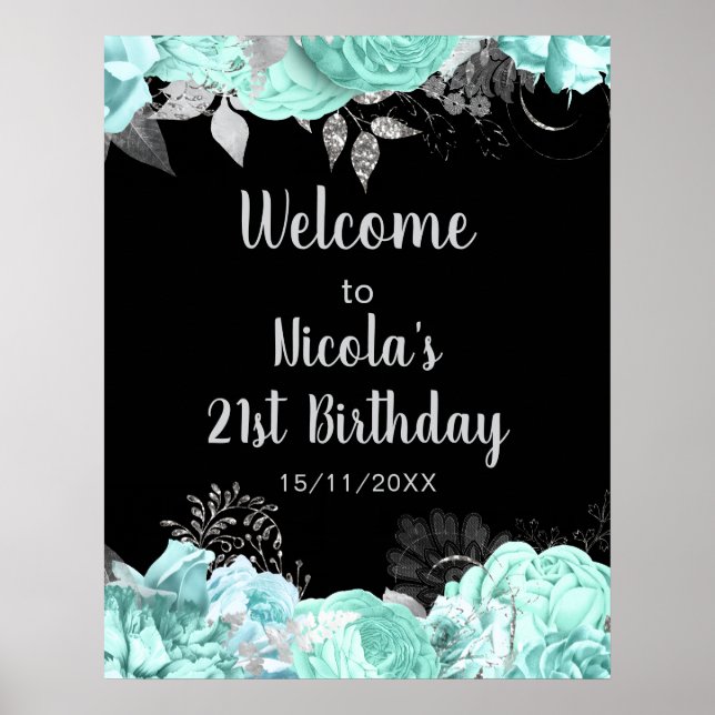 Póster Elegant Green and Silver Flowers Birthday Party (Frente)