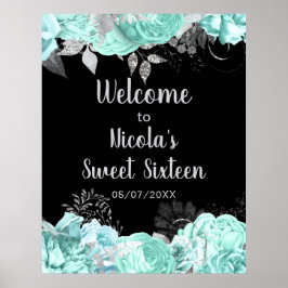 Póster Elegant Green and Silver Flowers Sweet Sixteen