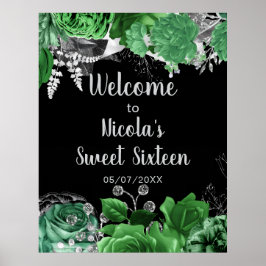 Póster Elegant Green and Silver Flowers Sweet Sixteen 