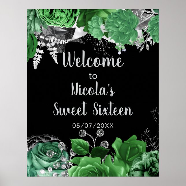 Póster Elegant Green and Silver Flowers Sweet Sixteen  (Frente)