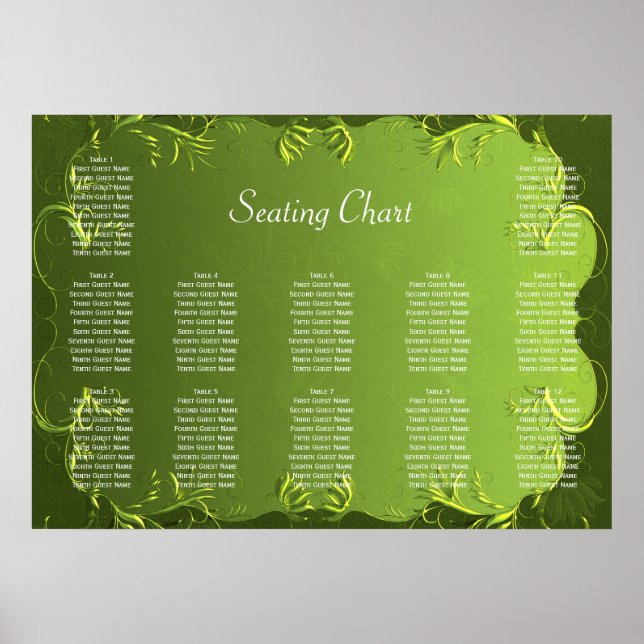 Póster Elegant Green Wedding Reception Seating Chart (Frente)