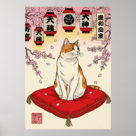 Póster Elegant Japanese Cat Art Red Cushion Cherry