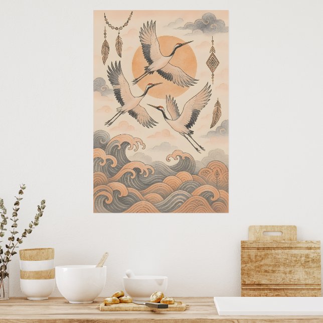 Póster Elegant Japanese Crane Wall Art Minimalist  (Cocina)