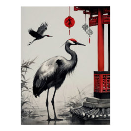 Póster Elegant Japanese Cranes and Pagoda Ink Wash Art