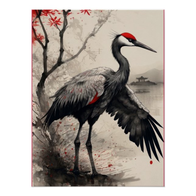 Póster Elegant Japanese Red-Crowned Crane & Maple Tree (Anverso)