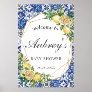 Póster Elegant Lemon Floral Geometric Baby Shower Welcome