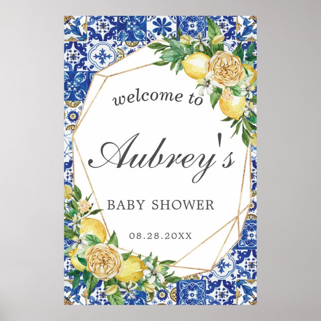 Póster Elegant Lemon Floral Geometric Baby Shower Welcome (Frente)