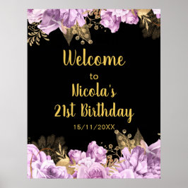 Póster Elegant Lilac and Gold Flowers Birthday Party