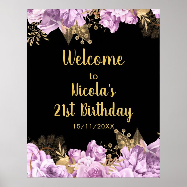 Póster Elegant Lilac and Gold Flowers Birthday Party (Frente)