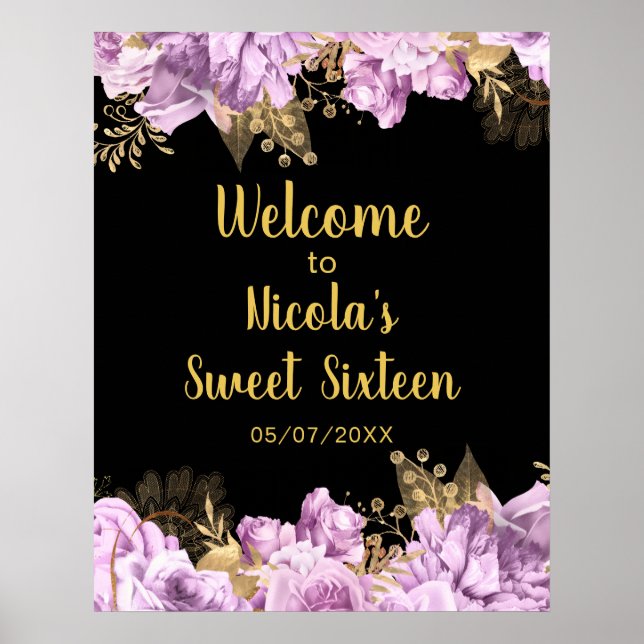 Póster Elegant Lilac and Gold Flowers Sweet Sixteen  (Frente)