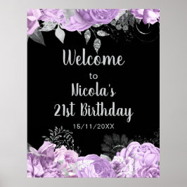 Póster Elegant Lilac and Silver Flowers Birthday Party