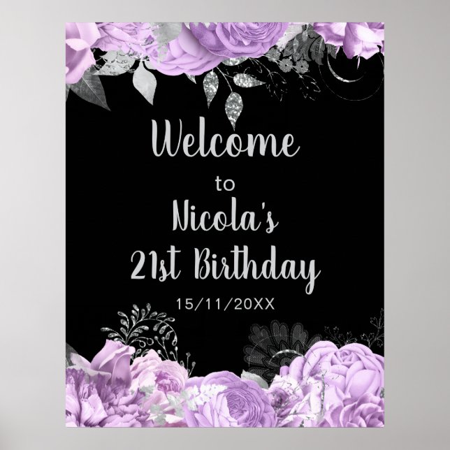 Póster Elegant Lilac and Silver Flowers Birthday Party (Frente)