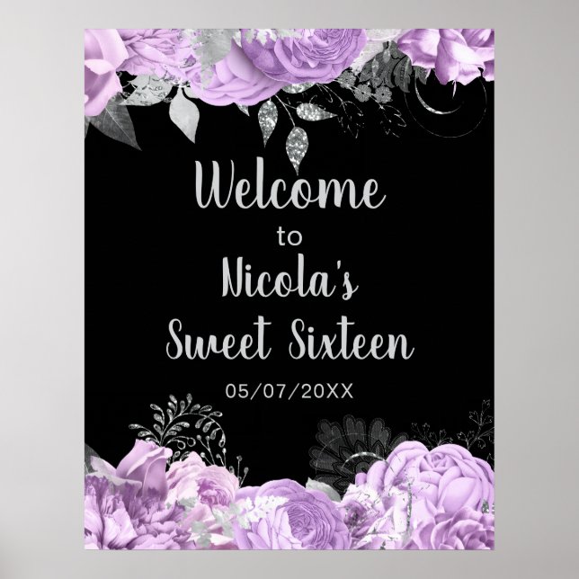 Póster Elegant Lilac and Silver Flowers Sweet Sixteen (Frente)