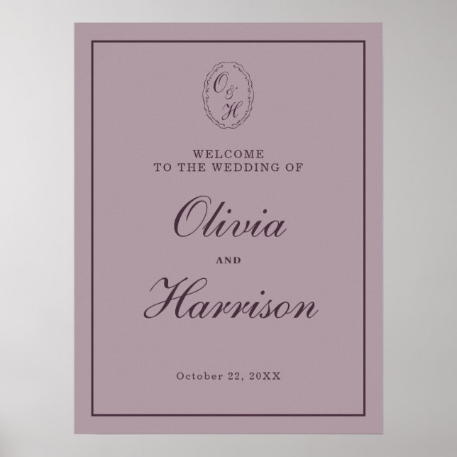 Póster Elegant Mauve Plum Wedding Welcome Sign (Frente)