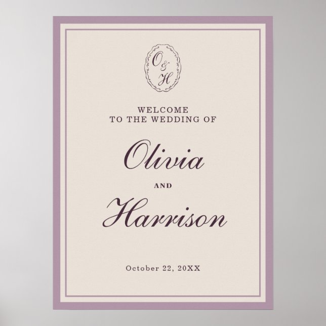Póster Elegant Mauve Plum Wedding Welcome Sign (Frente)