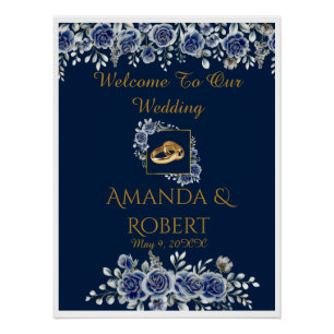 Póster Elegant Navy and Gold Floral Wedding Welcome Sign