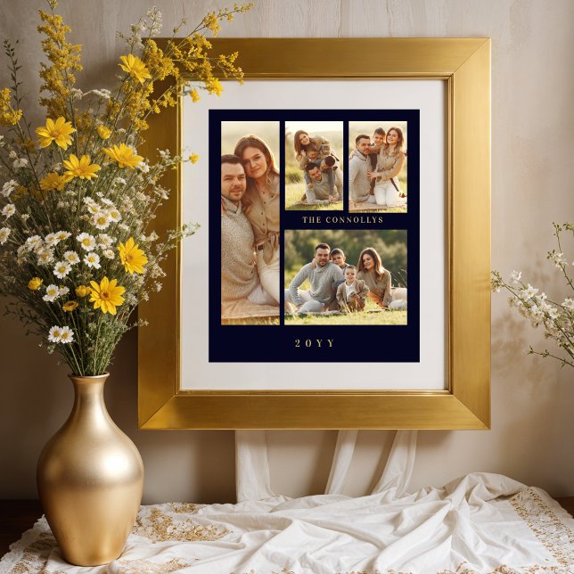 Póster Elegant Navy Blue & Fake Classic 4 Muli Photos (Elegant Navy Blue & Fake Gold Simple Classic 4 Multi Photos Collage Family Poster.)