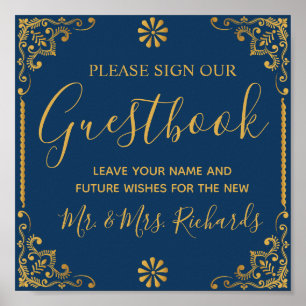 Póster Elegant Navy Blue Gold Frame Wedding Guestbook