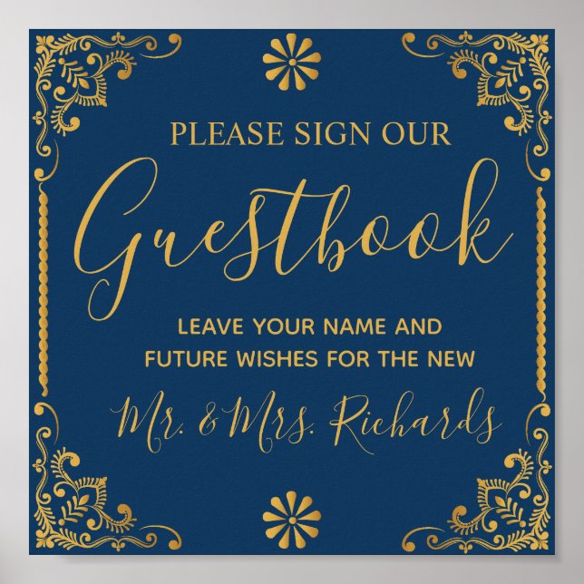 Póster Elegant Navy Blue Gold Frame Wedding Guestbook (Frente)