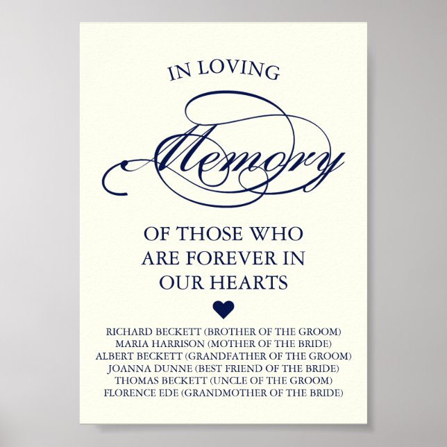 Póster Elegant Navy Blue & Ivory Script Wedding Memorial (Frente)