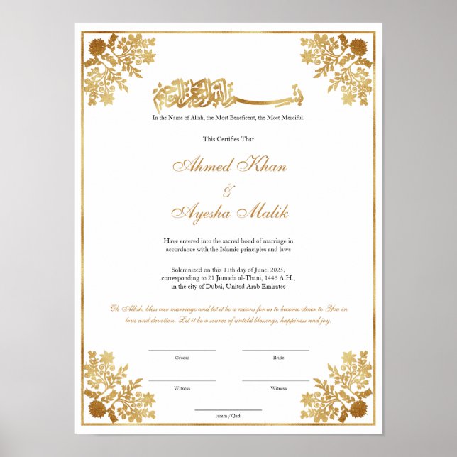 Póster Elegant Nikkah Certificate Muslim Islamic Wedding (Frente)