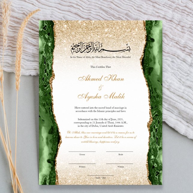 Póster Elegant Nikkah Certificate Muslim Islamic Wedding (Islamic Nikah certificate template with Arabic and English calligraphy, elegant floral frame, Bismil)