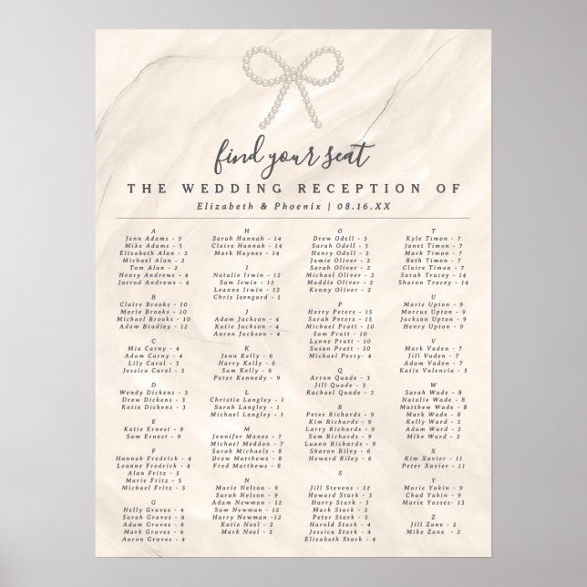 Póster Elegant Pearl Bow Alphabetical Guest Seating Chart (Frente)