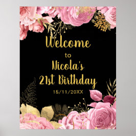 Póster Elegant Pink and Gold Flowers Birthday Party 